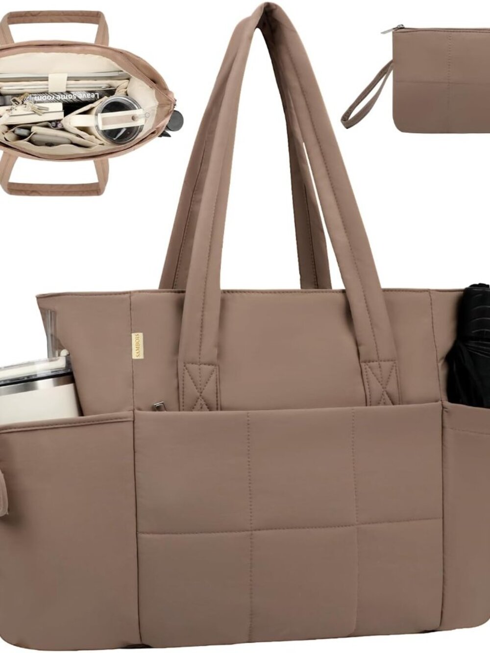 Puffer Tote Bag with Large Cup Holder& 15.6 Inch Laptop Compartment, Lightweight